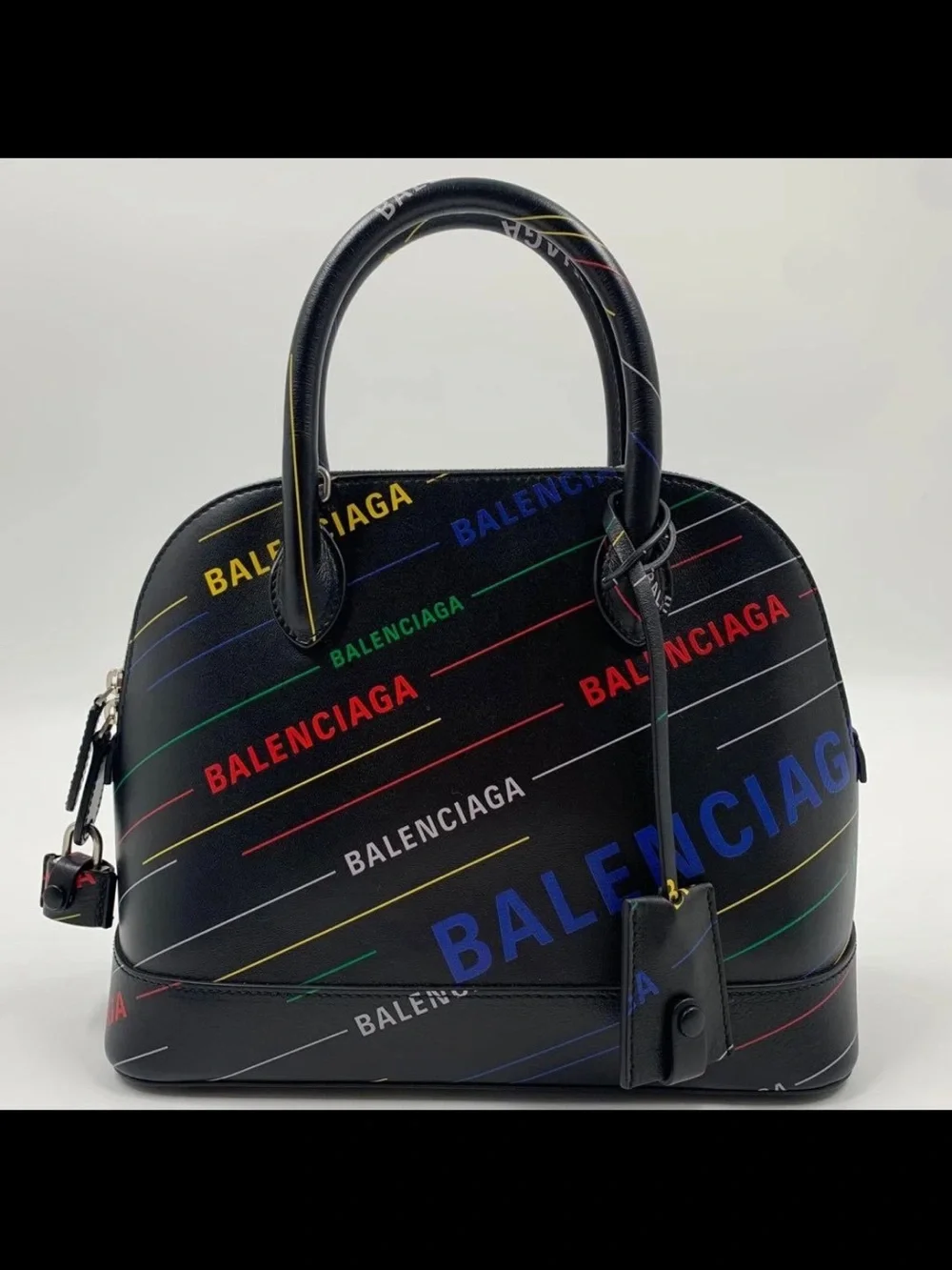 Balenciaga Black Multicolor Logo Dome Satchel with Top Handles